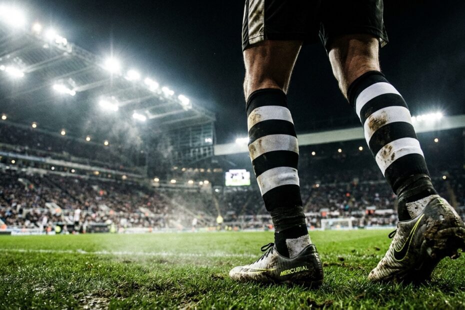 Detalhe de chuteiras no gramado de um estádio de futebol iluminado à noite