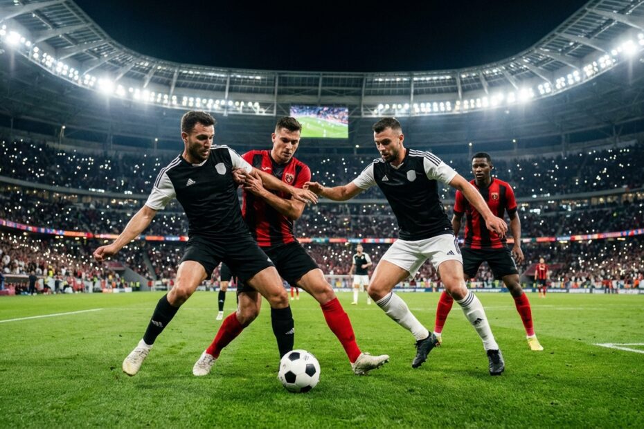 Jogadores disputam lance acirrado no meio de campo sob os refletores de um estádio de futebol lotado