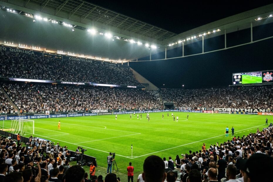 Visão noturna da Neo Química Arena com os holofotes acesos antes de uma partida de futebol