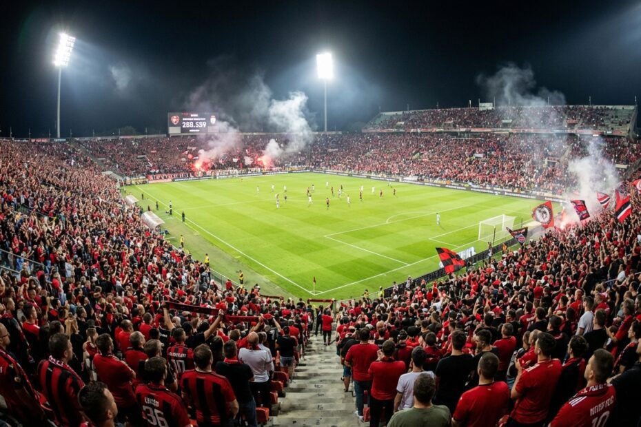 Visão ampla de um estádio de futebol completamente lotado de torcedores durante a noite
