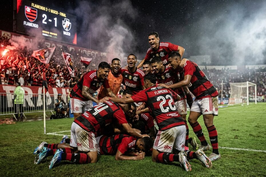 Jogadores do Flamengo Sub-20 comemoram vitória no gramado
