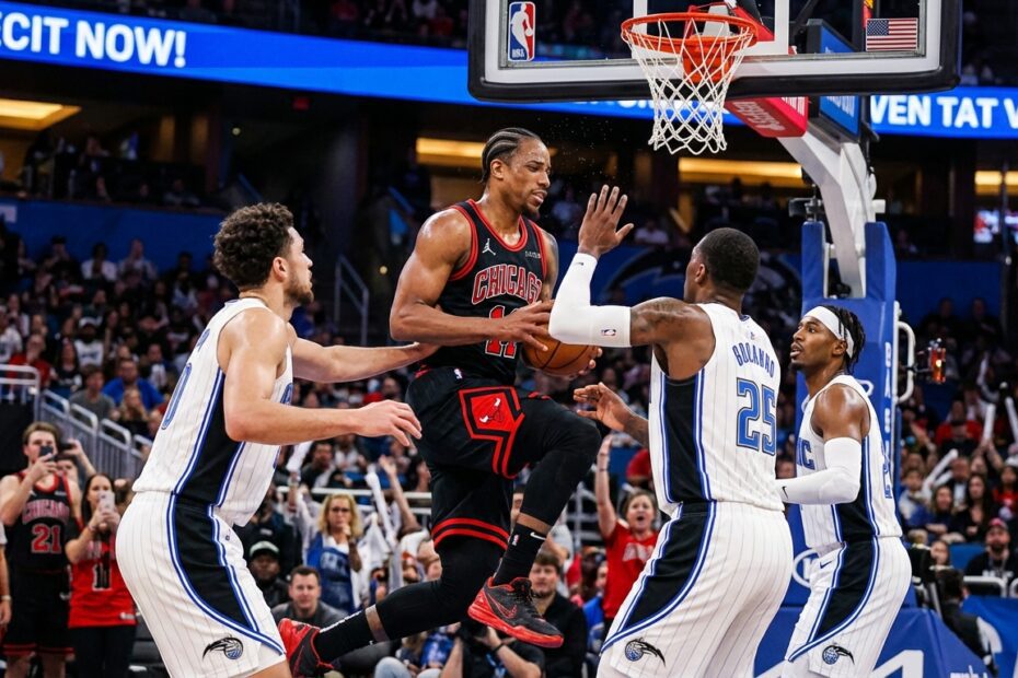 Disputa de bola durante partida de basquete em quadra profissional.