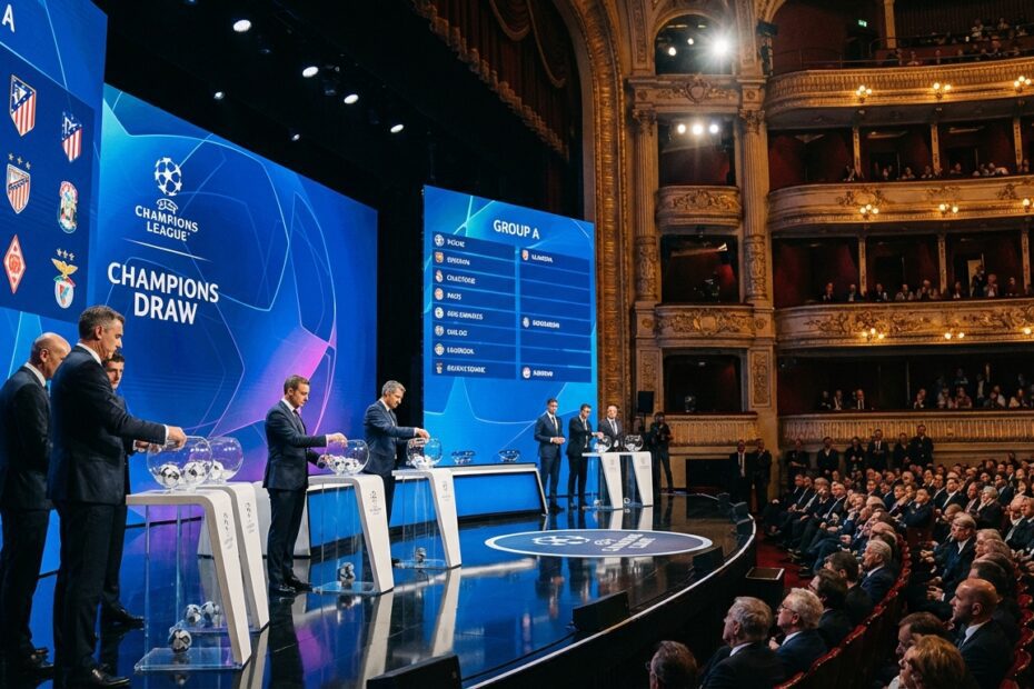 Cerimônia de sorteio da Copa Libertadores no palco com telas de LED ao fundo