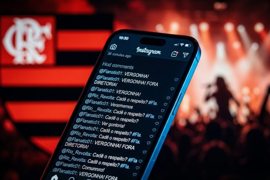Smartphone exibe tela lotada de comentários em rede social com símbolos rubro-negros desfocados ao fundo