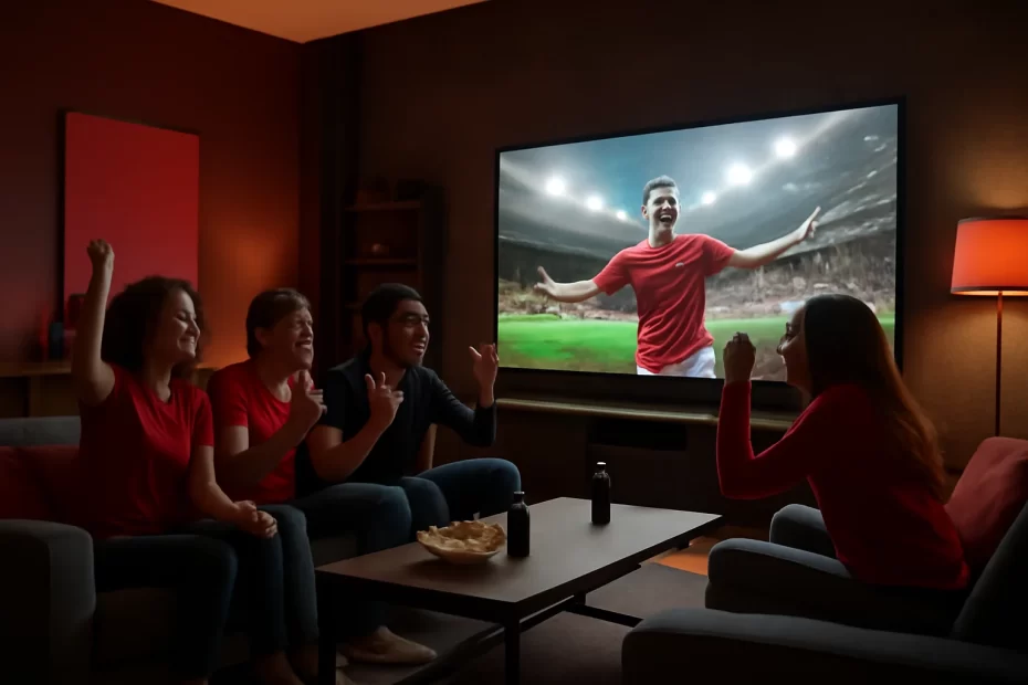 Cena de sala de estar contemporânea onde assistir ao jogo, tela gigante com o jogo, fãs vibrando.