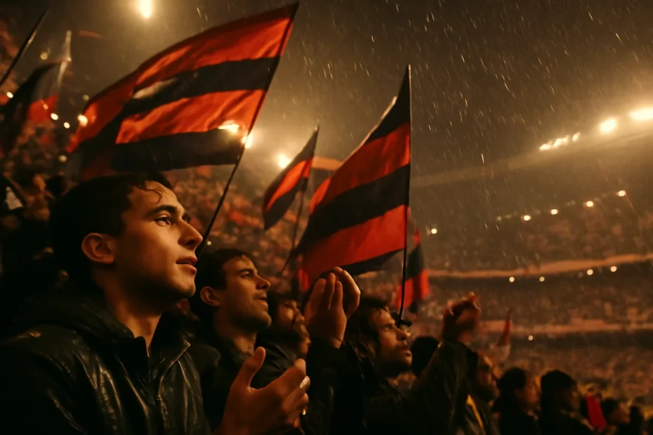jogo flamengo hoje descubra: torcedores em arquibancadas, chuva leve, luzes refletidas, cores vermelha e preta