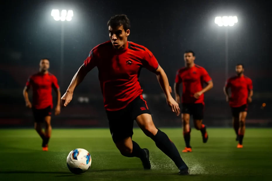 Foto de treino do Flamengo, jogador com a bola em primeiro plano, grama molhada e flamengo hoje guia definitivo