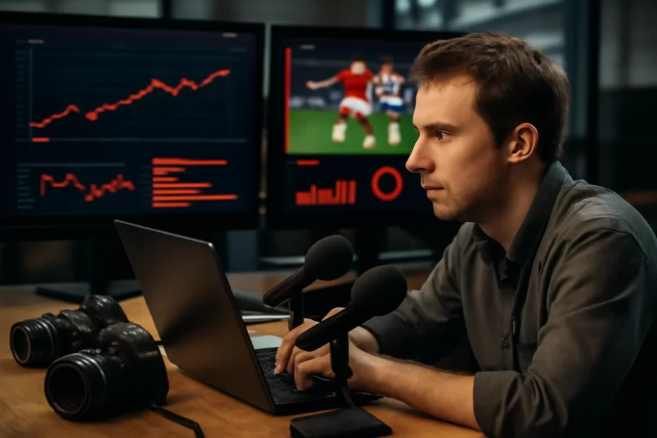 globo esporte flamengo guia: repórter observa tela na redação com gráficos de jogos e iluminação de monitor