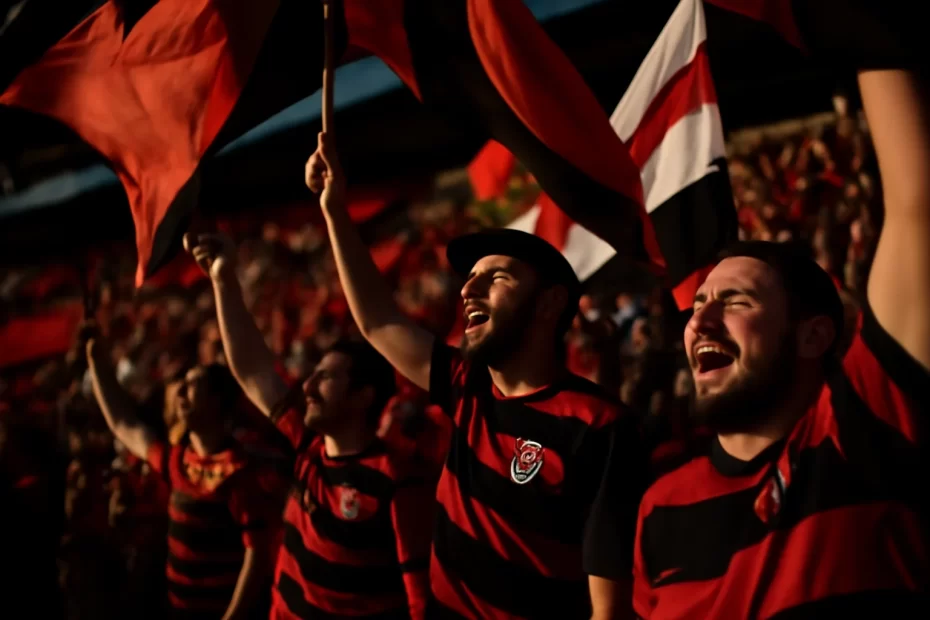 Torcedores rubro-negros com bandeiras erguidas, rostos emocionados e fundo de estádio no jogo flamengo guia definitivo