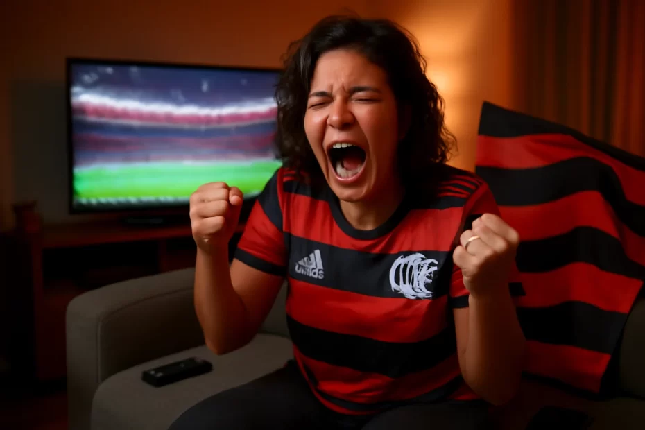 Torcedor rubro-negro em sala assistindo, com a palavra-chave flamengo ao vivo guia destacada na tela e emoção evidente.