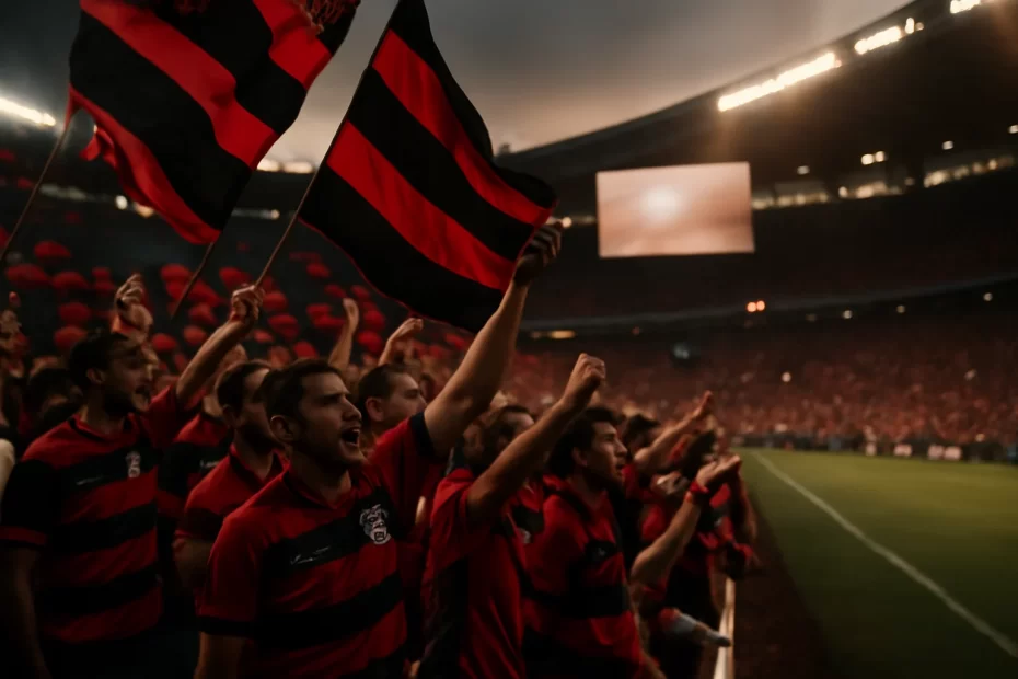 Fotojornalismo em estádio lotado com torcedores rubro-negros, telão sugerindo o jogo flamengo hoje ao vivo.