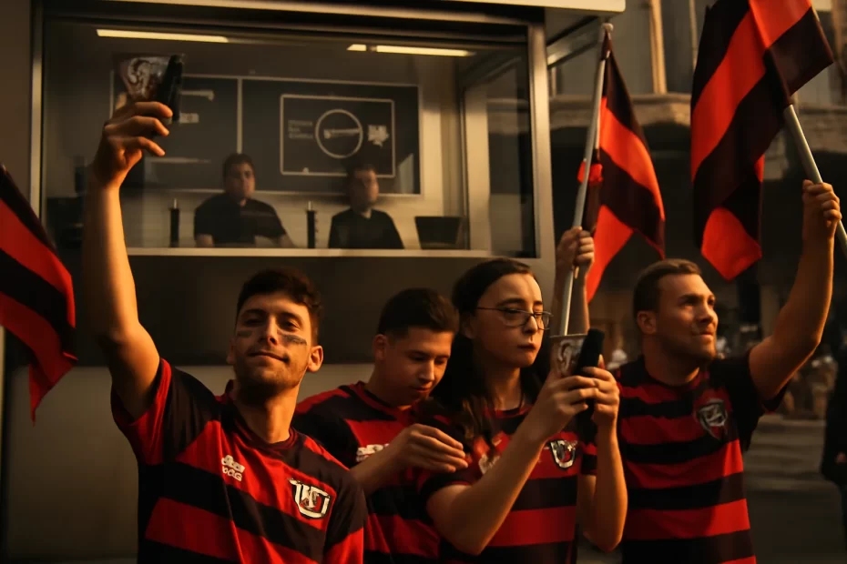 Torcedores rubro-negros em espaço urbano com cabine de transmissão ao fundo; espn flamengo guia completo