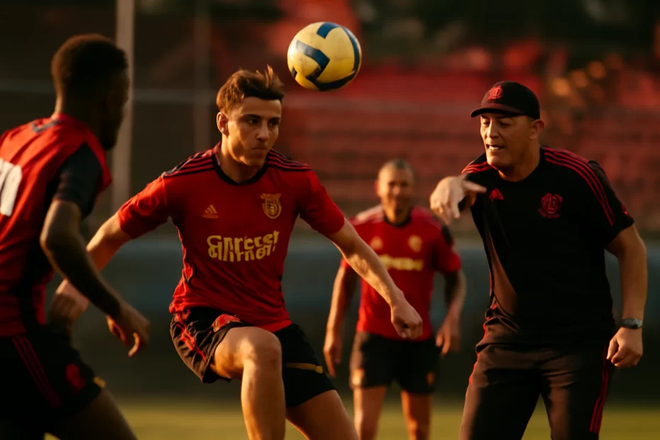 Cena de treino do Flamengo com jogadores em ação, fim de tarde, flatv universo completo flamengo