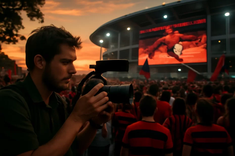 Foto jornalística com torcedores rubro-negros sob pôr do sol, retratando globo flamengo onde torcedores diante do estádio.