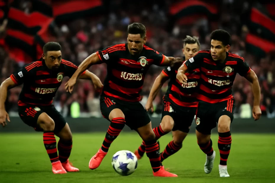 Ação em campo com jogadores rubro-negros disputando a bola, torcida ao fundo com bandeiras vermelhas e pretas sob iluminação de estádio noturno; jogo flamengo hoje horário
