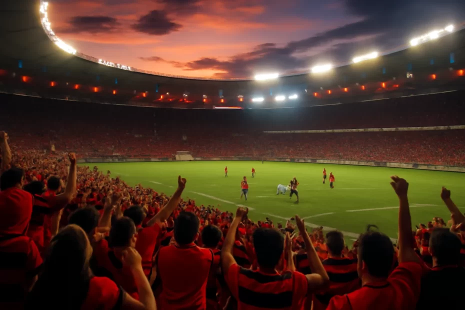 Plano geral de estádio lotado ao entardecer, torcedores rubro-negros e jogadores em ação; site oficial flamengo todas.
