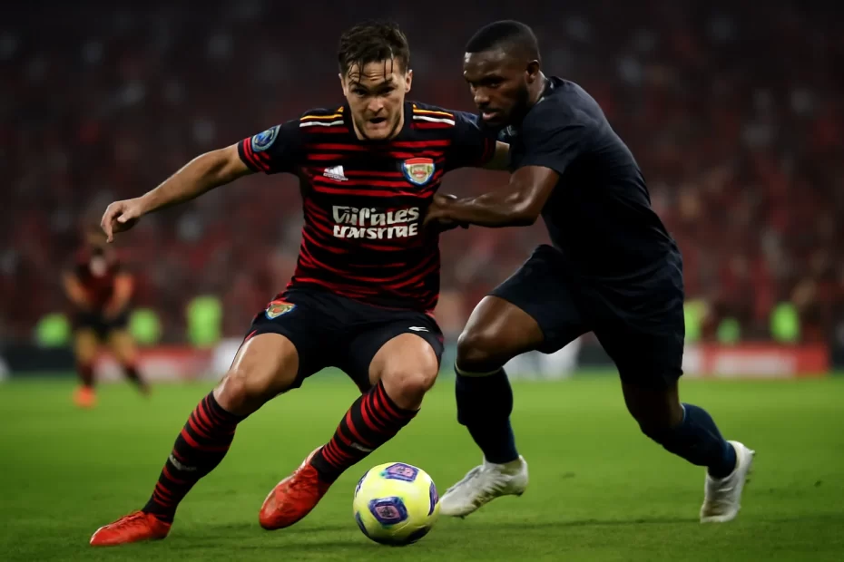 Cena de jornalismo esportivo com Flamengo em jogo noturno; flamengo globo esporte onde, foco em jogadores e nervosismo
