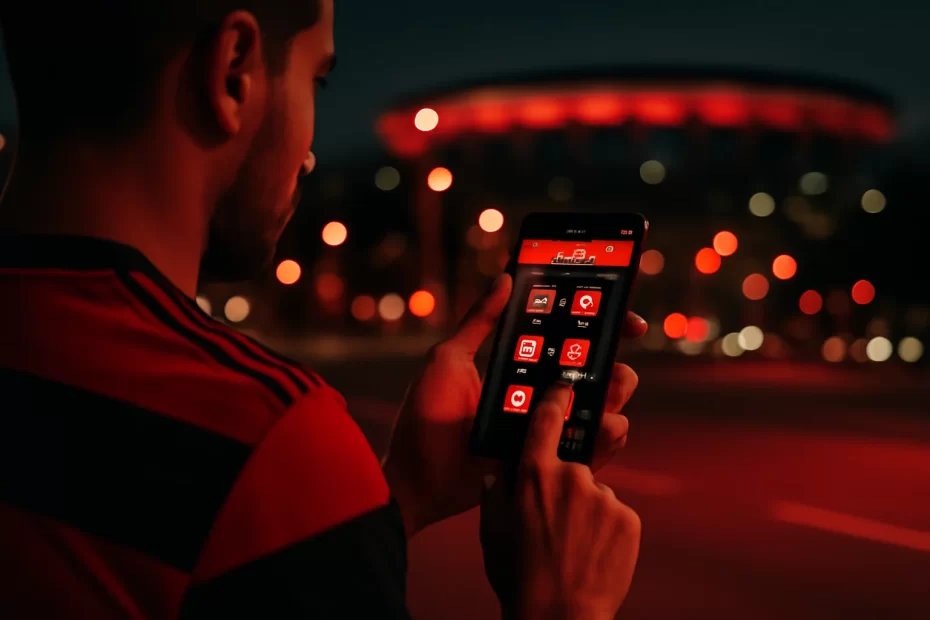 Torcedor rubro-negro segura smartphone, tela mostra portal oficial (sem textos legíveis); explore universo flamengo guia