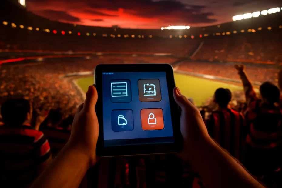 Torcedores rubro-negros em estádio ao crepúsculo, mãos segurando tablet com site oficial flamengo navegue aberto.