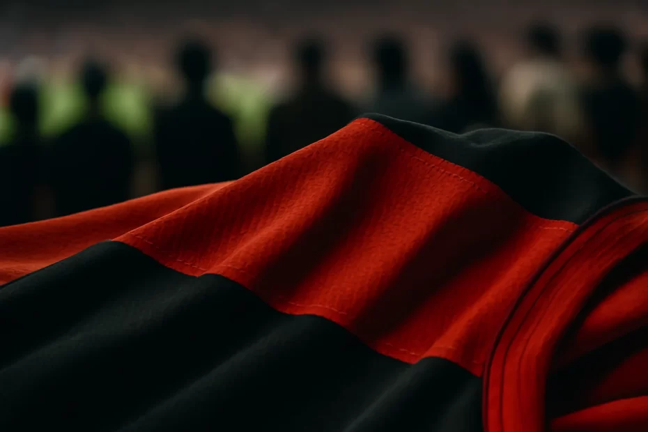 Close-up de tecido esportivo vermelho e preto com costuras; braziline flamengo guia completo