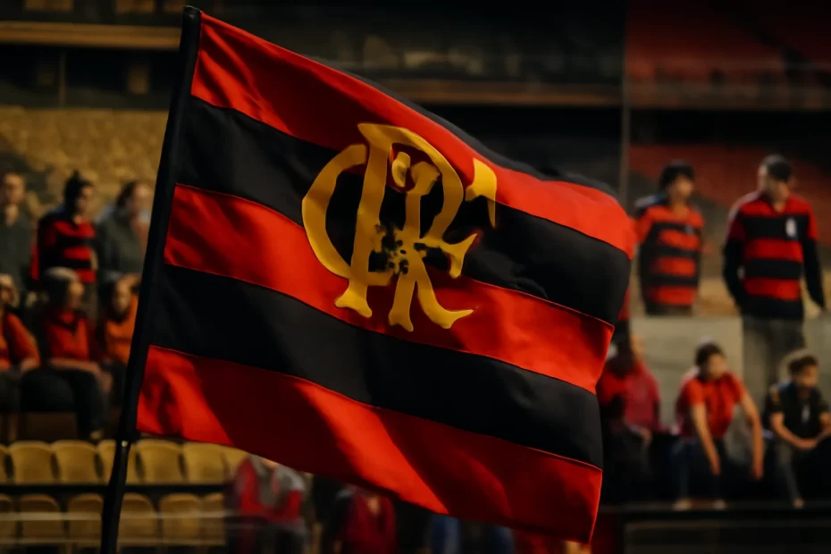 bandeira do flamengo em destaque com evolução das cores rubro-negras; torcedores ao fundo