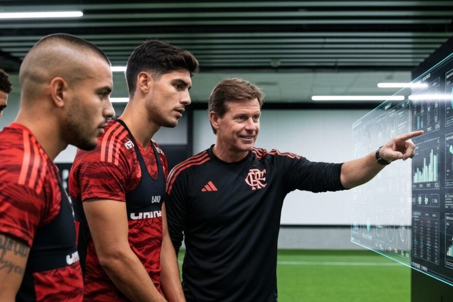 Jogadores do Flamengo analisando dados em um display holográfico de alta tecnologia durante um treinamento