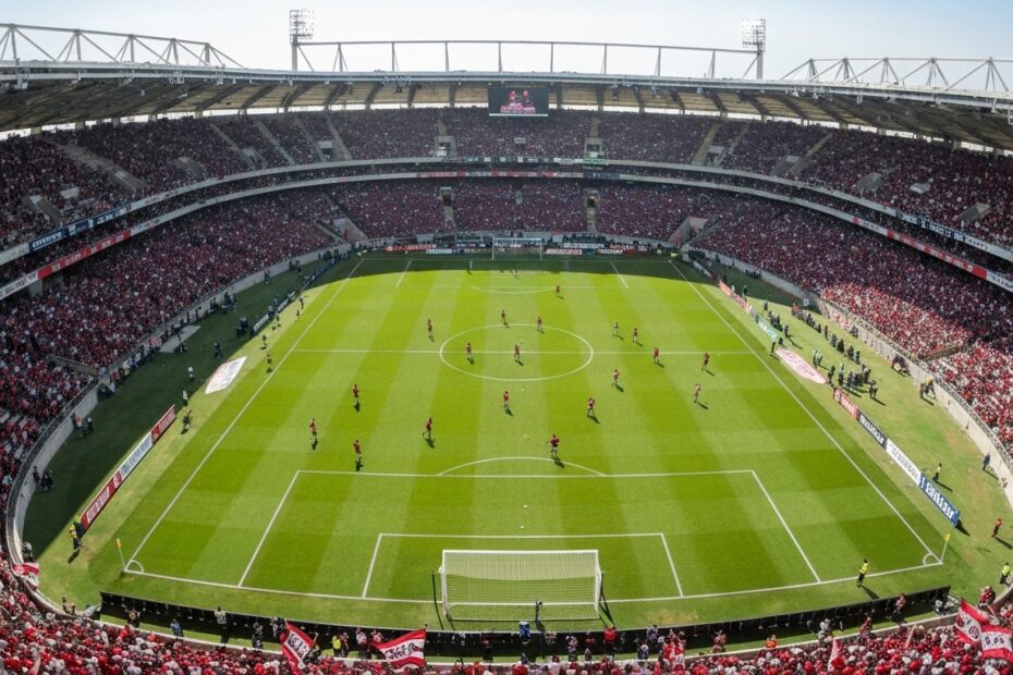 Estádio do Maracanã em jogo do Flamengo, com jogadores em campo e torcida vibrante.