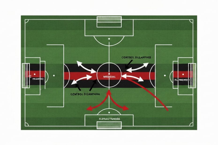 Diagrama de formações táticas em um campo de futebol com movimentos de jogadores
