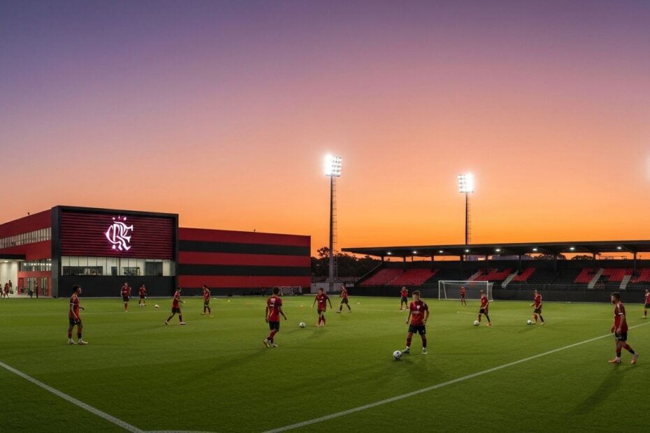 Jovens atletas treinando em centro de treinamento moderno do Flamengo ao entardecer, simbolizando a formação de futuros craques.