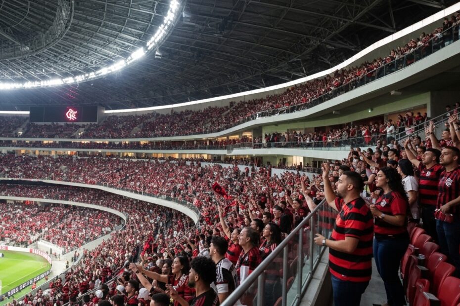 Torcedores do Flamengo celebrando em um estádio moderno com cores vibrantes.