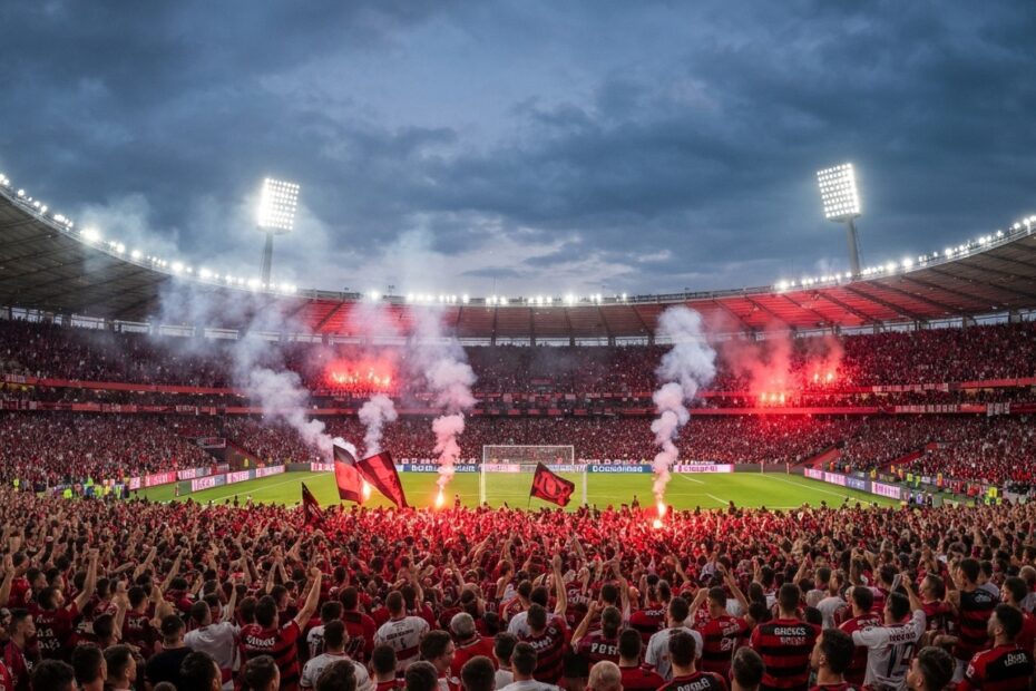 Torcida do Flamengo vibrando intensamente no Maracanã com fogos e bandeiras vermelhas e pretas