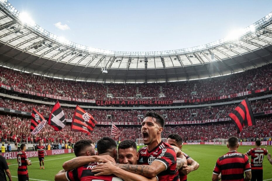 Estádio lotado com torcedores do Flamengo celebrando uma vitória