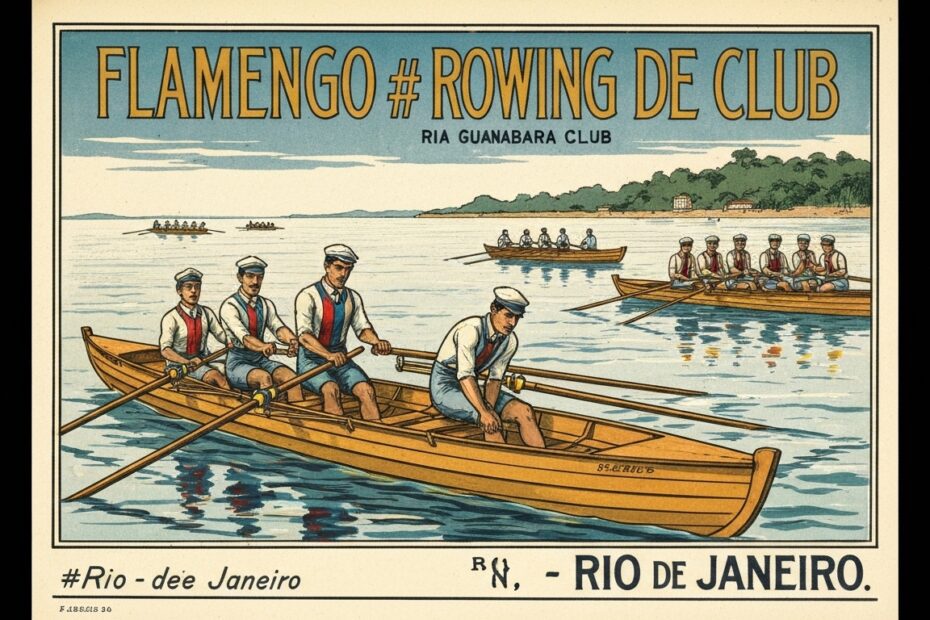 Ilustração vintage do Clube de Regatas do Flamengo em seus primórdios, com barcos de remo na Baía de Guanabara.