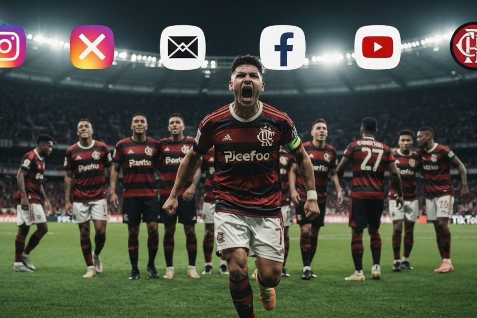 Painel digital mostrando o Flamengo em destaque nas redes sociais com torcedores vibrando.