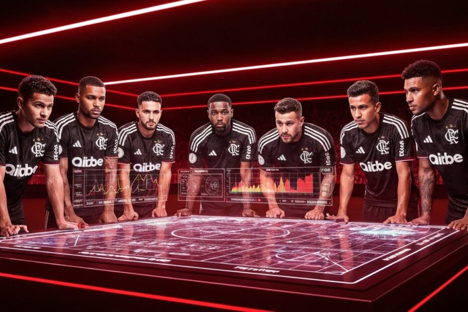 Jogadores e comissão técnica do Flamengo analisando táticas em um painel holográfico futurista, discutindo as tendências do futebol mundial.