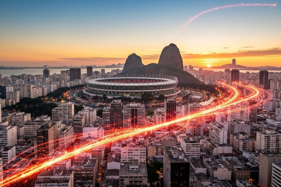 Rio de Janeiro vibrante ao pôr do sol, com o Maracanã ao fundo e as cores do Flamengo se mesclando à energia econômica da cidade.