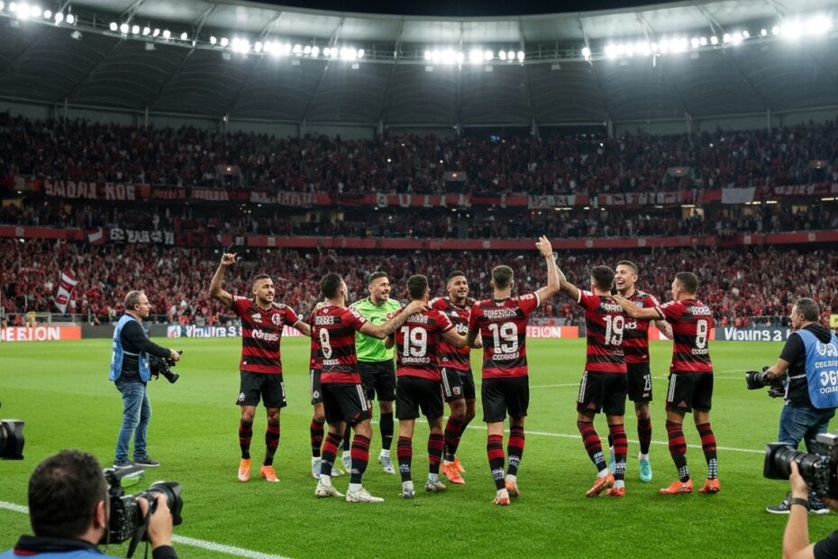 Jogadores do Flamengo comemoram vitória sob os holofotes da mídia