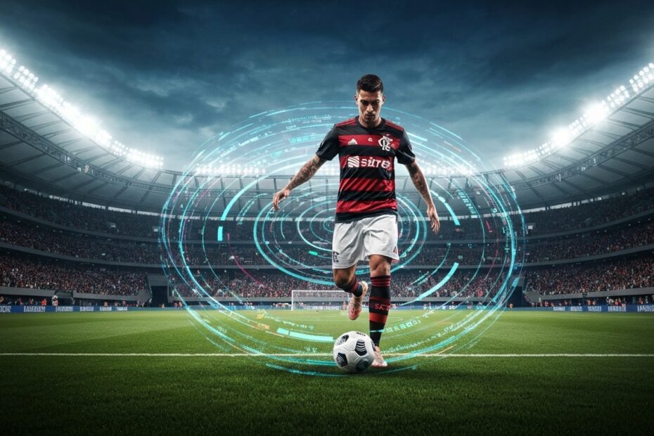 Jogador de futebol do Flamengo com elementos de tecnologia e análise de dados ao redor
