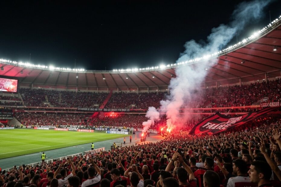 Torcedores do Flamengo vibrando no Maracanã, com cores vermelho e preto em destaque e clima de festa