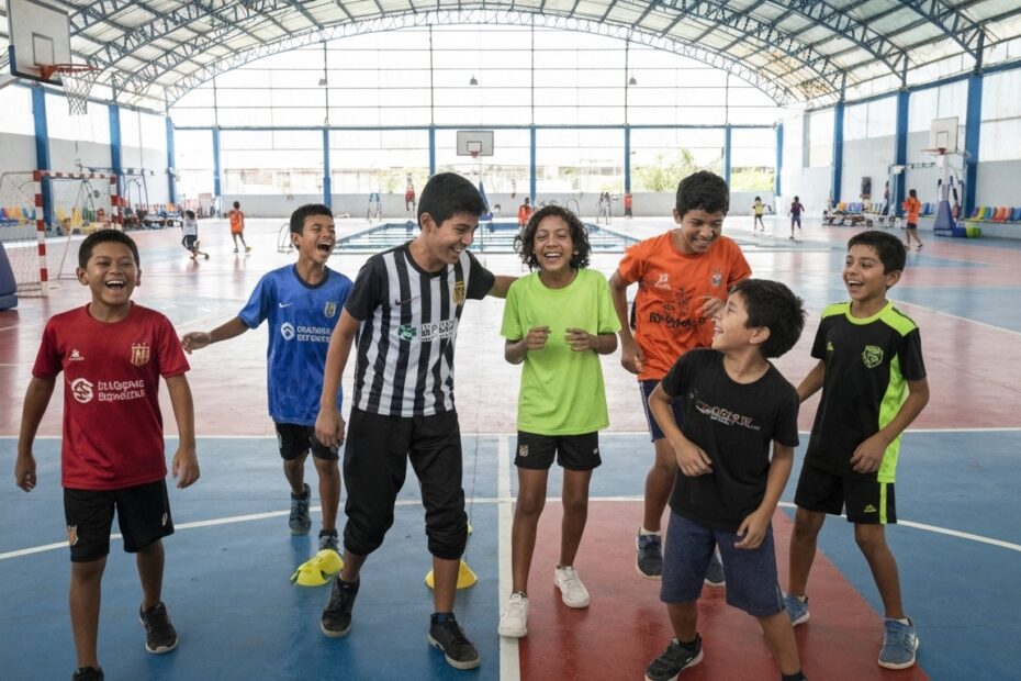 Crianças e adolescentes em atividades esportivas promovidas pelo Flamengo
