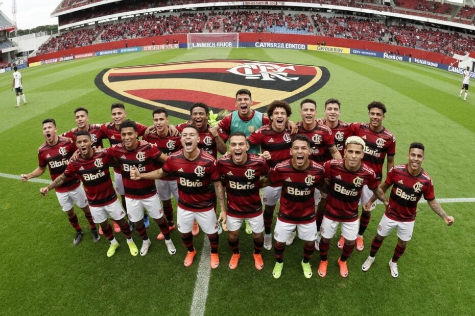 Jovens jogadores de futebol do Flamengo comemorando em campo, simbolizando o futuro das categorias de base.