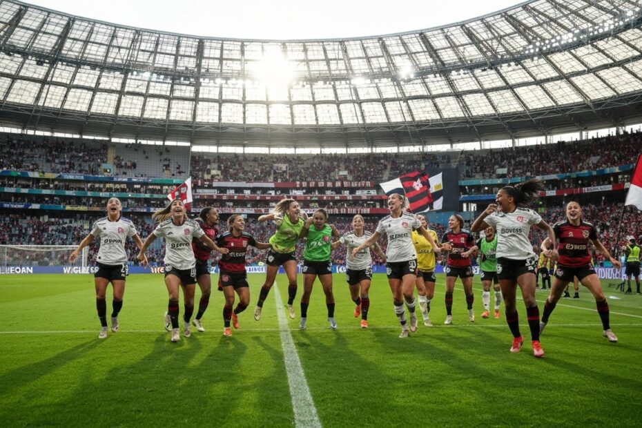 Jogadoras do futebol feminino do Flamengo comemoram vitória em campo.