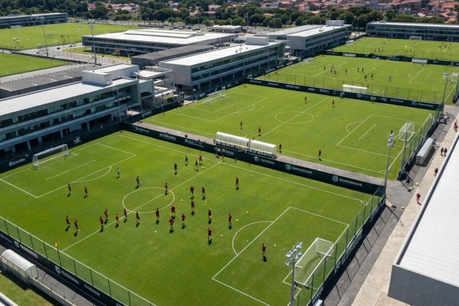 Visão aérea do centro de treinamento Ninho do Urubu do Flamengo, destacando a infraestrutura e jogadores em atividade.