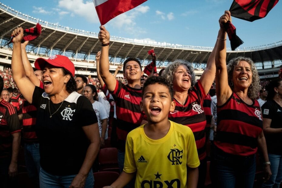 Torcedores do Flamengo celebrando com paixão e alegria