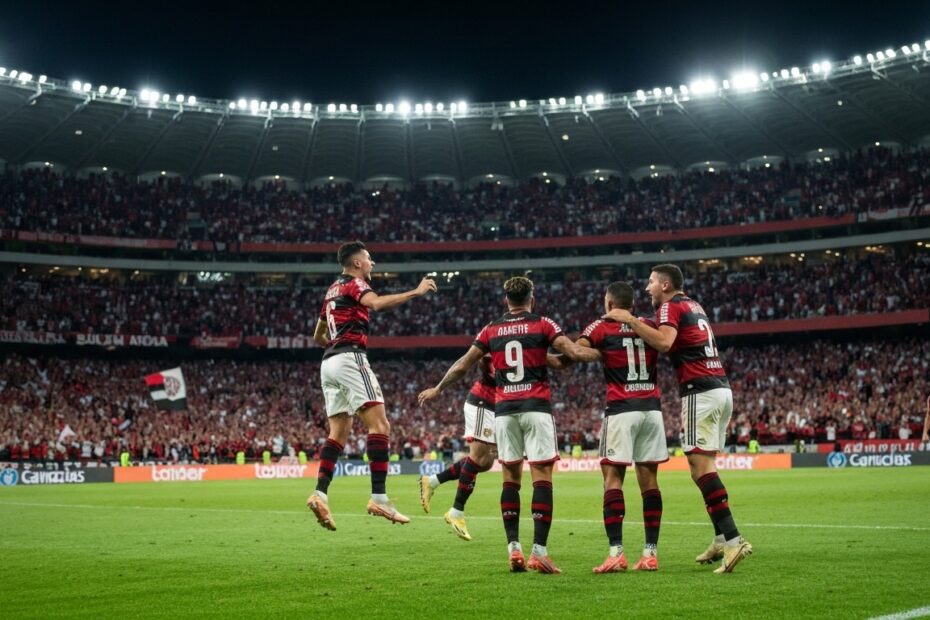 Flamengo celebração de vitória no Maracanã, com torcida vibrante e cores rubro-negras.