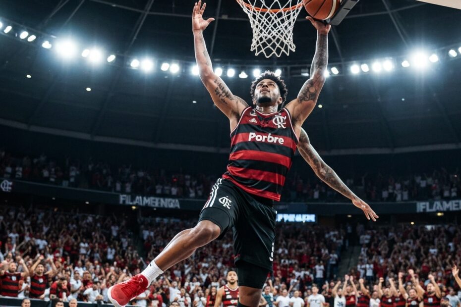 Jogador de basquete do Flamengo em ação durante uma partida importante.