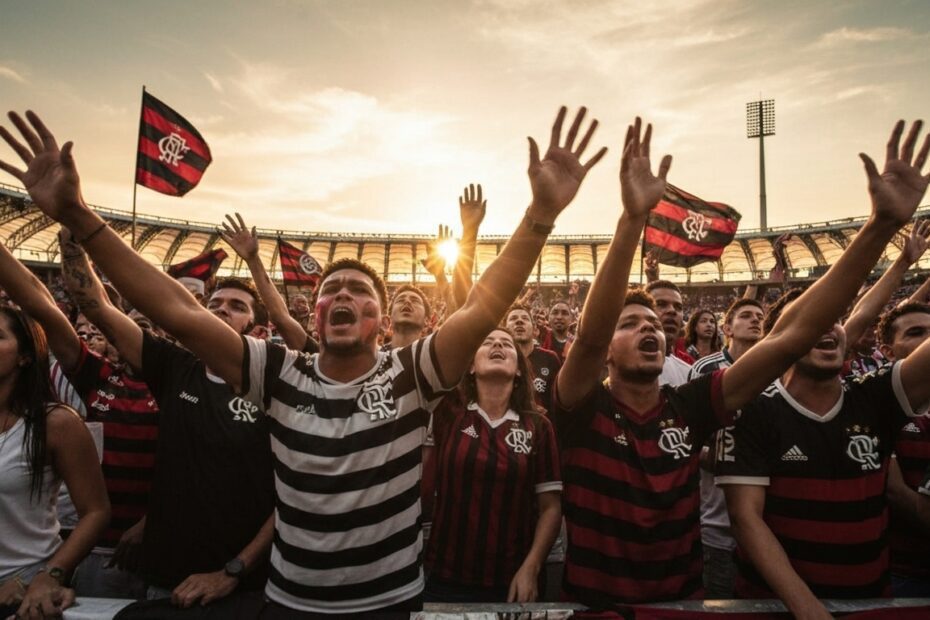Torcedores apaixonados do Flamengo cantando o hino com fervor no Maracanã ao pôr do sol