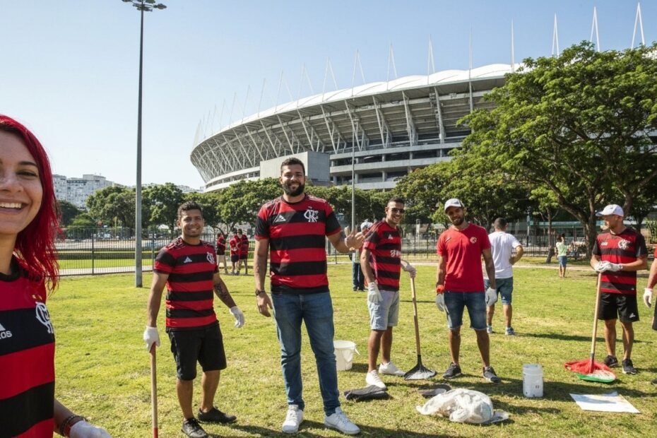 Torcedores do Flamengo participando de ações sociais no Rio de Janeiro.