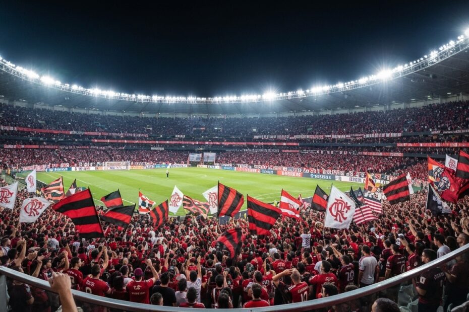 Torcida do Flamengo em um estádio vibrante, demonstrando paixão e apoio com bandeiras e adereços.