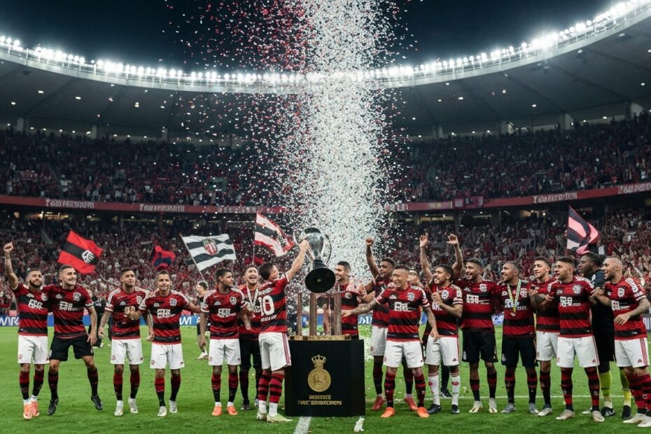 Jogadores do Flamengo comemorando a conquista de um título importante no Maracanã, com torcida vibrando ao fundo.